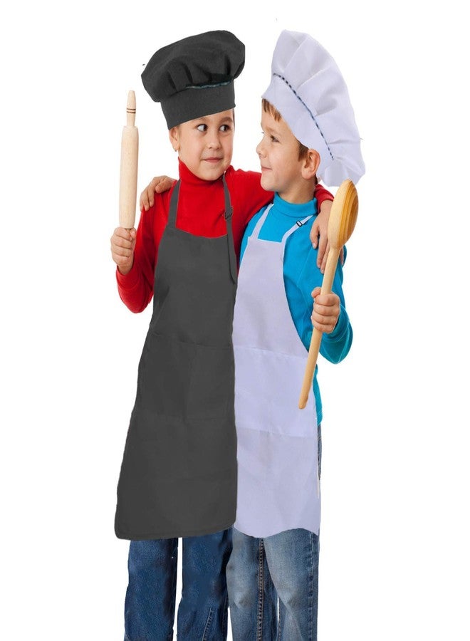multifuns 2 Sets Black & White Kids Aprons and Chef Hat Set for Girls Boys Baking Cooking Painting 5-12 Ages - Image 2